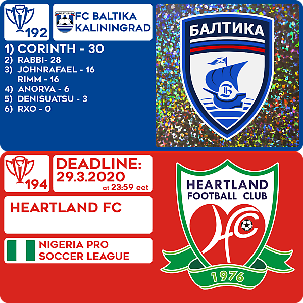 CRCW 192 RESULTS - FC BALTIKA KALININGRAD  |  CRCW 194 - HEARTLAND FC