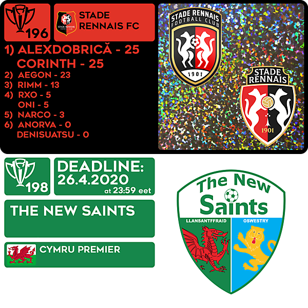 CRCW 196 RESULTS - STADE RENNAIS  |  CRCW 198 - THE NEW SAINTS
