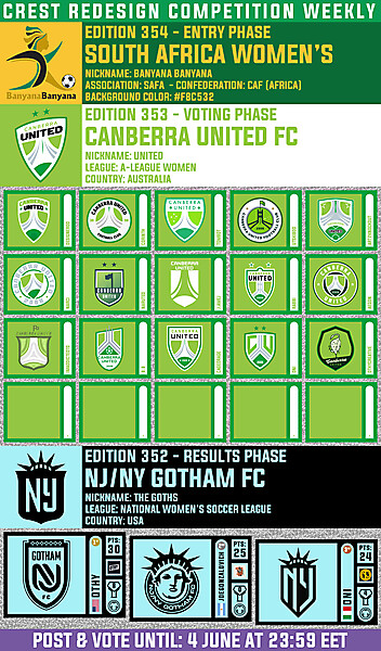 CRCW 354 - ENTRY PHASE - SOUTH AFRICA WOMEN'S  /  CRCW 353 - VOTING PHASE - CANBERRA UNITED FC  /  CRCW 352 - RESULTS PHASE - NJ/NY GOTHAM FC
