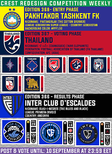 CRCW 368 - ENTRY PHASE - PAKHTAKOR TASHKENT FK  /  CRCW 367 - VOTING PHASE - THAILAND  /  CRCW 366 - RESULTS PHASE - INTER CLUB D'ESCALDES