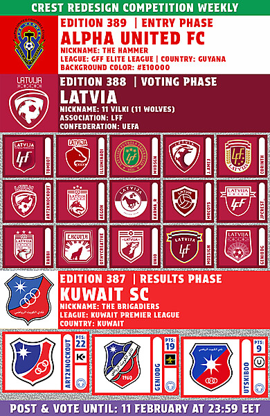 CRCW 389 - ENTRY PHASE - ALPHA UNITED FC / CRCW 388 - VOTING PHASE - LATVIA / CRCW 387 - RESULTS PHASE - KUWAIT SC