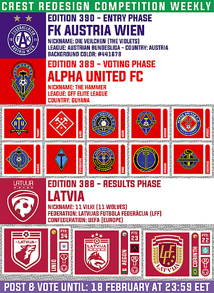 CRCW 390 - ENTRY PHASE - FK AUSTRIA WIEN / CRCW 389 - VOTING PHASE - ALPHA UNITED / CRCW 388 - RESULTS PHASE - LATVIA