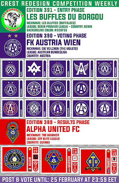 CRCW 391 - ENTRY PHASE - LES BUFFLES DU BORGOU / CRCW 390 - VOTING PHASE - FK AUSTRIA WIEN / CRCW 389 - RESULTS PHASE - ALPHA UNITED