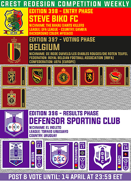 CRCW 398 - ENTRY PHASE - STEVE BIKO FC / CRCW 397 - VOTING PHASE - BELGIUM / CRCW 396 - RESULTS PHASE - DEFENSOR SC